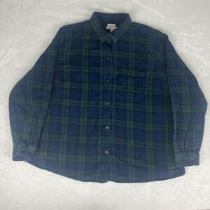 L.L Bean Flannel Shirt Womens 1X Green Blue Plaid Relaxed Fit Long Sleeve Casual